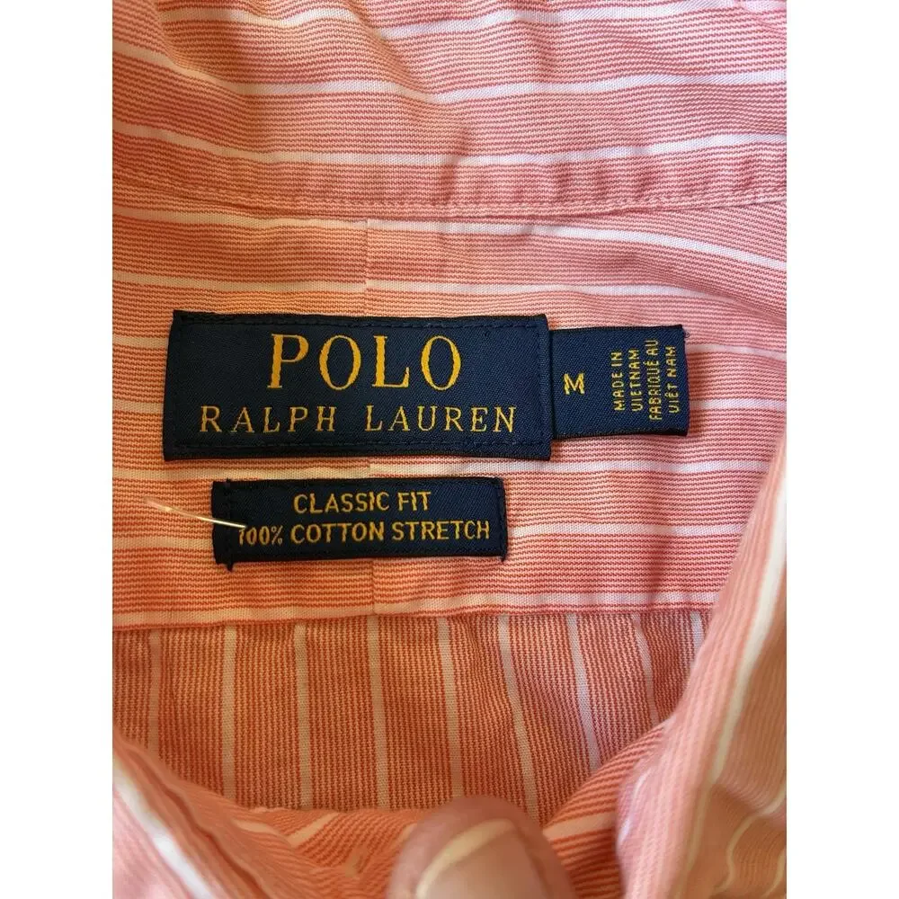 POLO Ralph Lauren Classsic Fit Button Down Shirt L Striped Peach Cotton Stretch